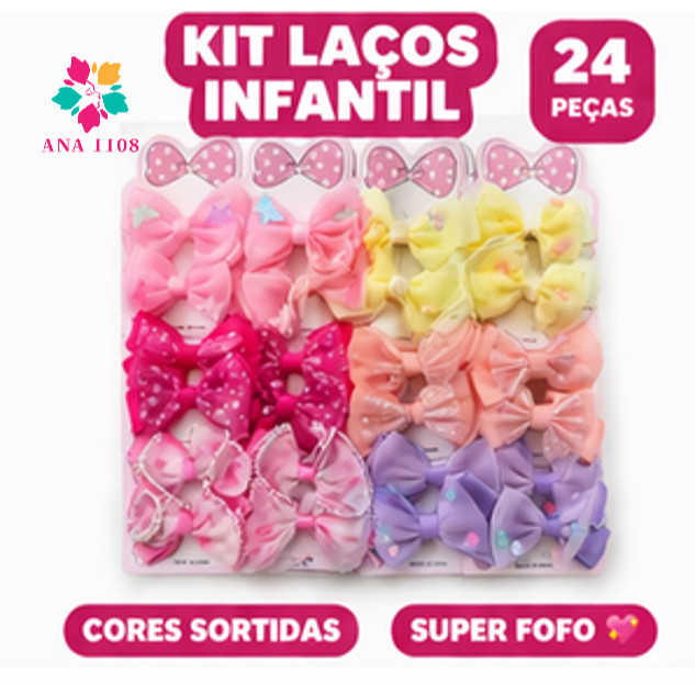 sufur ANA 1108 Kit Laços Infantil 24 Peças Coloridos Presilha Cabelo Menina Acessórios Criança