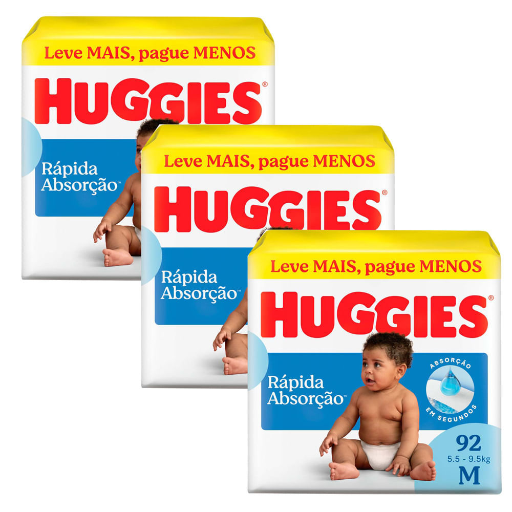 Kit 3 Fralda Huggies Rápida Absorção Tamanho M Pacote Hiper 92 Unidades Descartáveis Leve Mais Por Menos em Oferta na Shopee