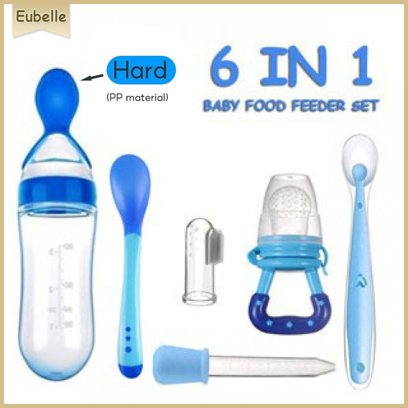 Kit 6 Alimentação Chupeta Mordedor Porta Frutas e Mamadeira de Silicone com Colher Dosadora Conta-Gotas