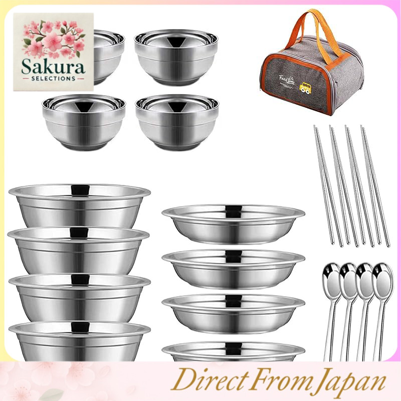 [EsuonHappiness] Conjunto de Talheres de Aço Inoxidável, 20 Peças, Inclui Bolsa de Armazenamento, para Camping, Churrasco, Uso ao Ar Livre e em Família, Pratos, Tigelas, Hashis, Colheres