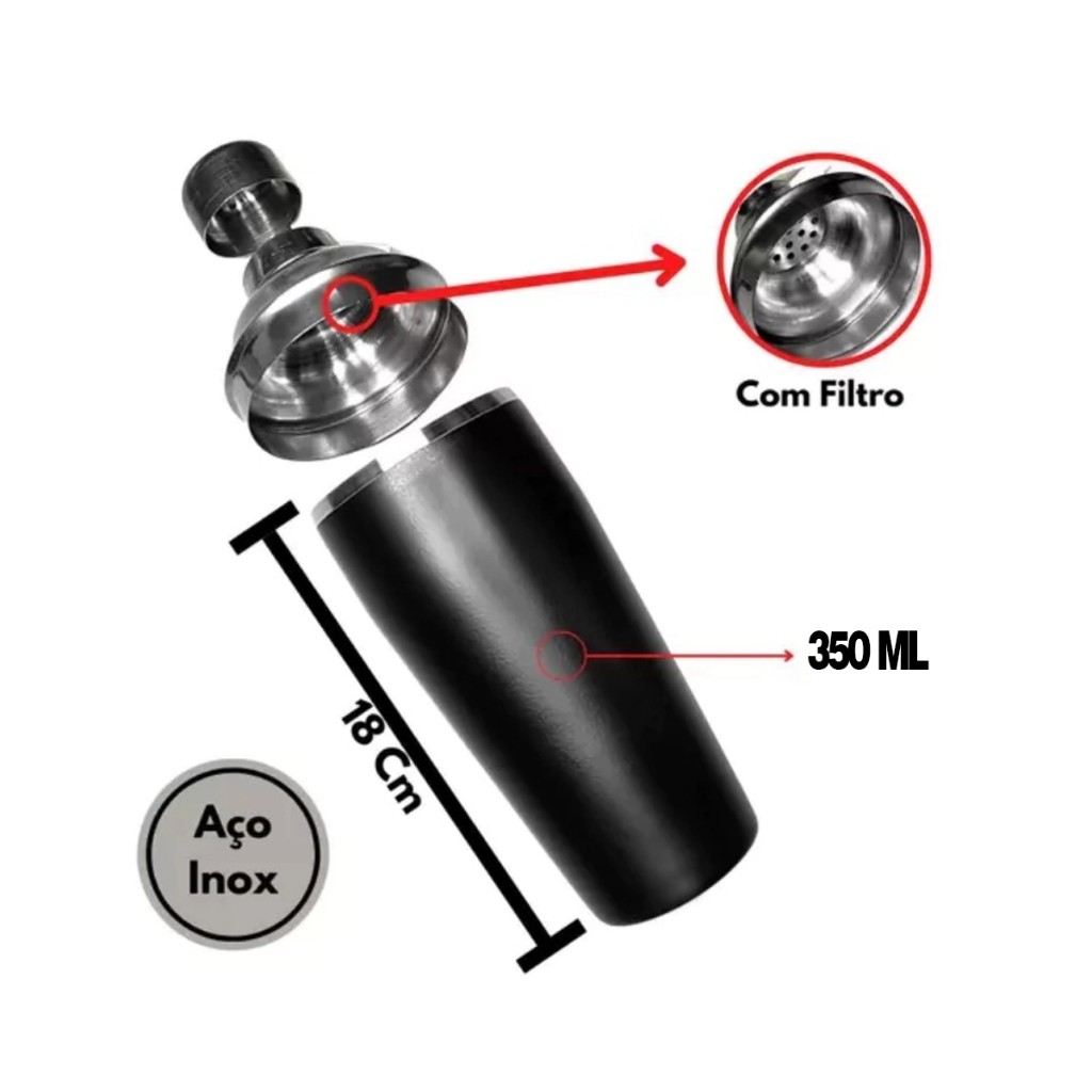 Coqueteleira Profissional 350ml Inox Com Filtro Resistente