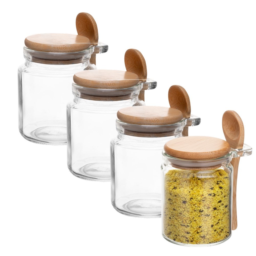 Kit 4 Pote Porta Temperos Condimentos de Vidro Hermético com Tampa e Colher de Bambu 270ml Wolff