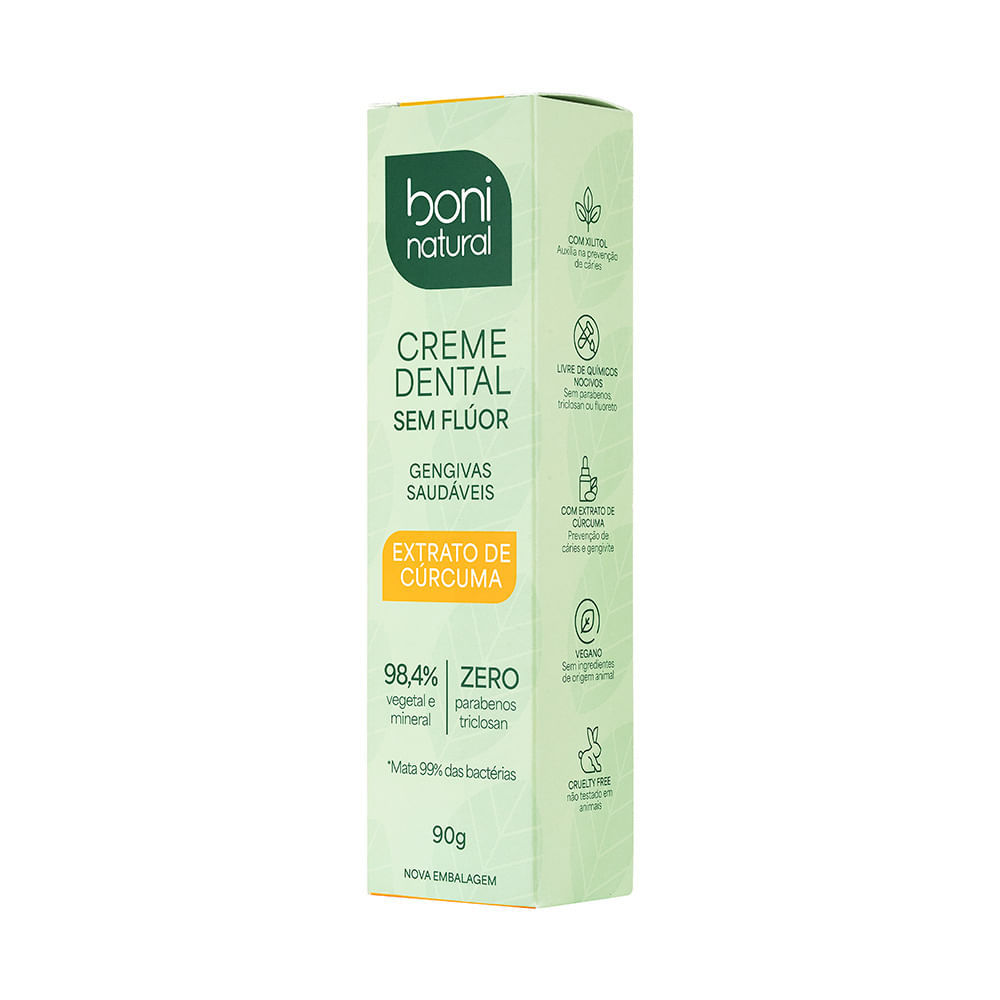Detalhes do Creme Dental Boni Natural Gengivas Saudáveis Extrato de Cúrcuma Sem Flúor 90g