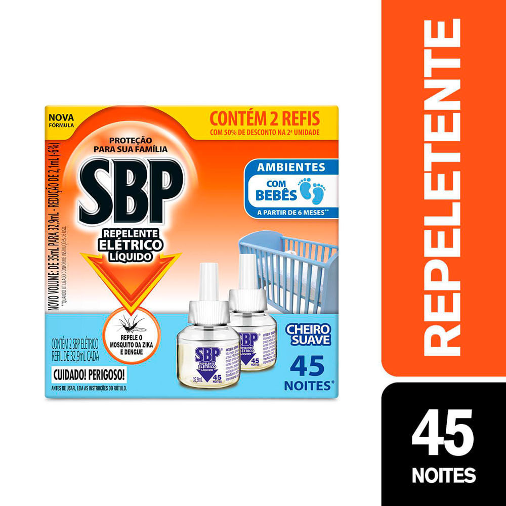 Detalhes do Repelente Elétrico Líquido SBP 45 Noites Cheiro Suave 2 Refis 32,9ml Cada
