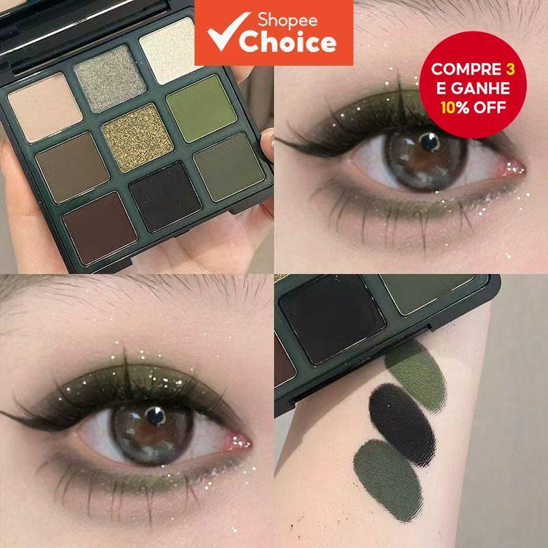 Paleta De Sombras DIKALU De 9 Cores Em Preto Escuro E Verde-Tons De Terra Foscos Brilhantes em Oferta na Shopee