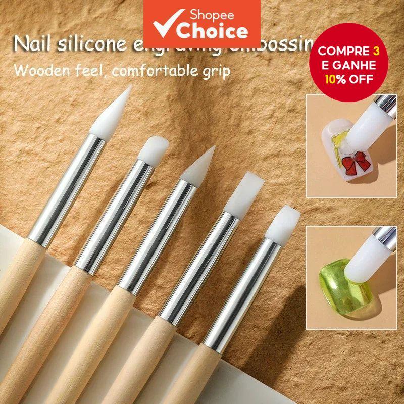 5 Pçs/Set Silicone Caneta Da Arte Do Prego Escova UV Gel Polonês Ponta 3D Imagem DIY Gravação Pincéis Escultura Em Madei