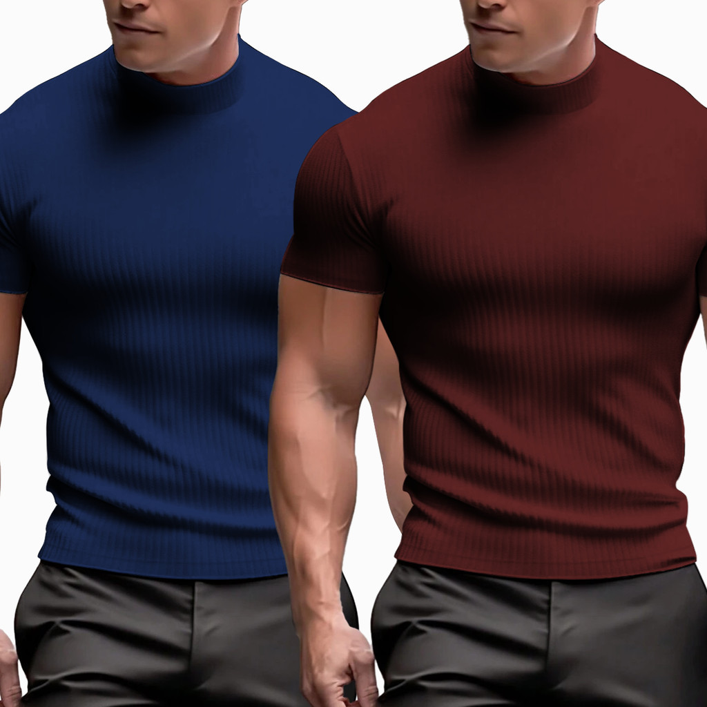 Kit 2 Camisetas Masculina Slim Canelada Gola Alta Manga Curta Novidade - 2026