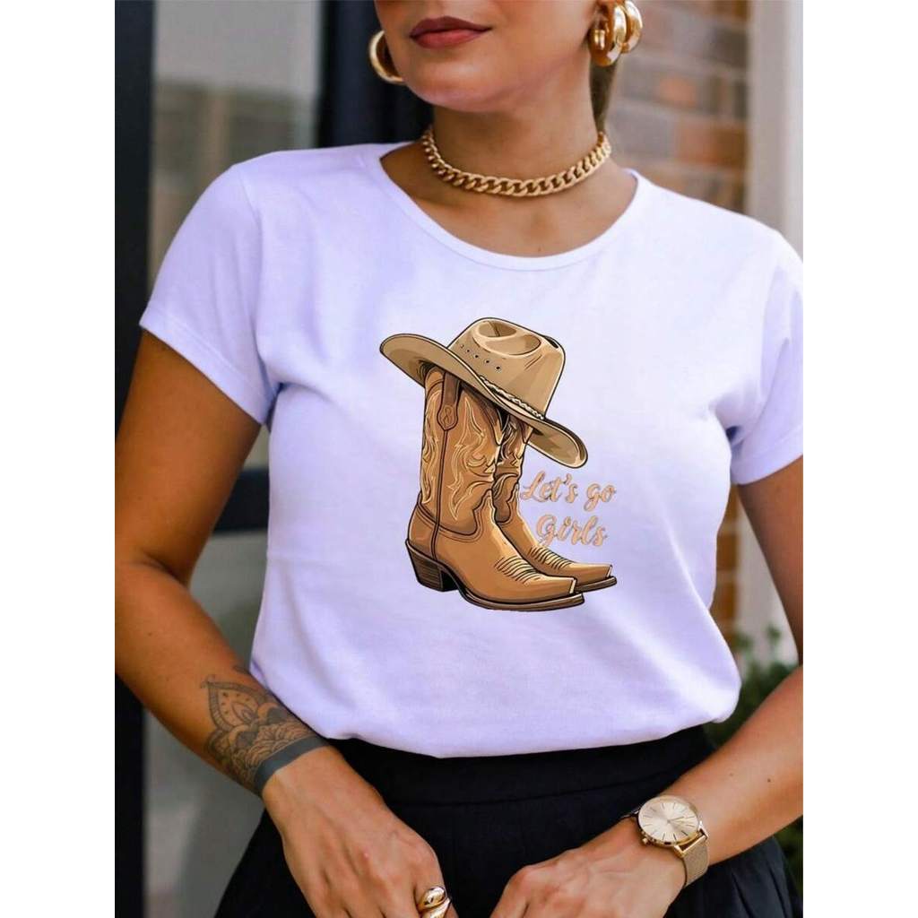 Camiseta Feminina Estampada Botas Cowboy Chapéu Tendência 100% Algodão Casual Confortável