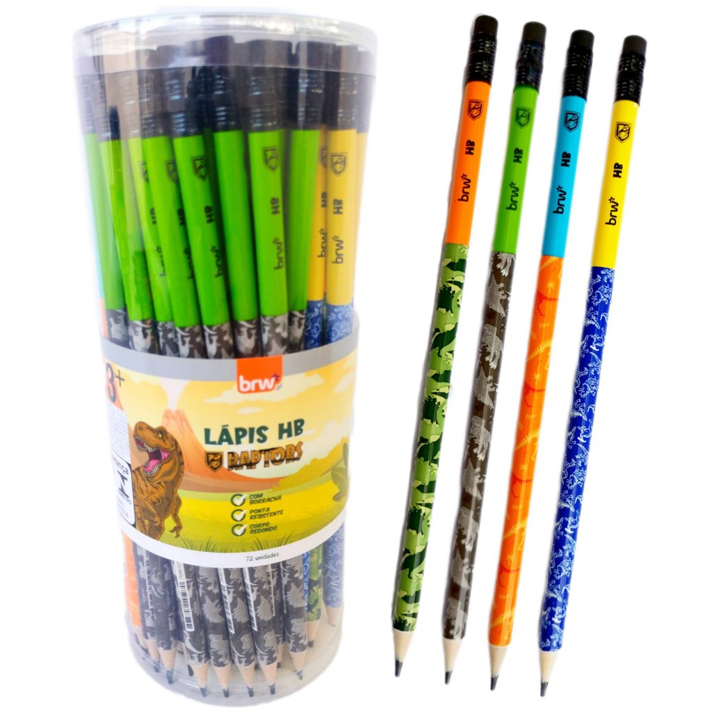 LP7210P - Pote 72 Lápis de Escrever Preto HB Raptors Decorado com Borracha BRW em Oferta na Shopee