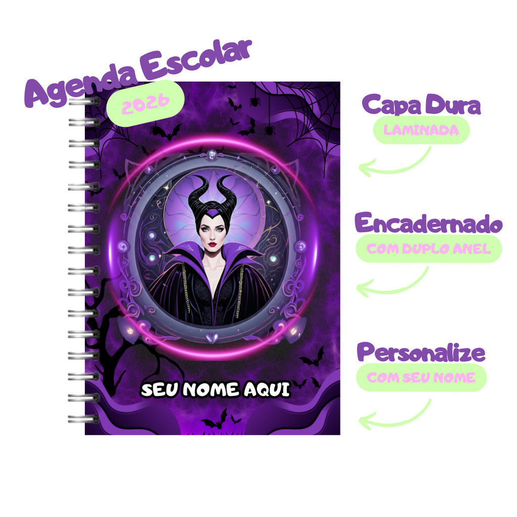 Agenda Escolar 2026 Personalizada com Nome • Malévola • A5 • 1 Dia por Página • Miolo Colorido • 326 Páginas