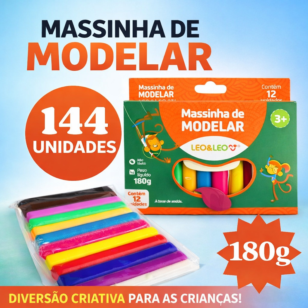 Kit 12 Caixas Massinha De Modelar Leo&Leo 144UN 180g Infantil Escolar 12 Cores Não tóxica