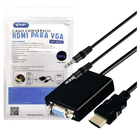 Cabo Conversor HDMI para VGA com Áudio P2 Knup KP-5032 Adaptador Vídeo e Som