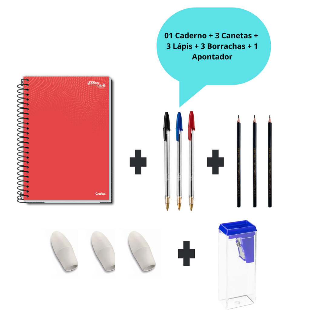 Kit Caderno 10 Matéria + 3 Canetas Simples + 3 Lápis de Escrever + 3 Borrachas Ponteira + 1 Apontador Colorido