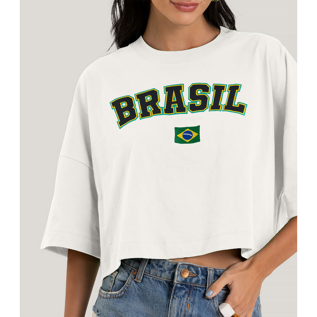 T- Shirt Feminina em Meia Malha Brasil Dianna Bege — imagem 2 de 2