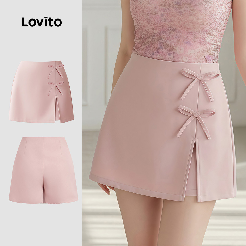 Lovito Shorts Casuais Femininos Rosa Primavera/verão com Laço e Zíper Modelo Falso 2 em 1 L183ED055