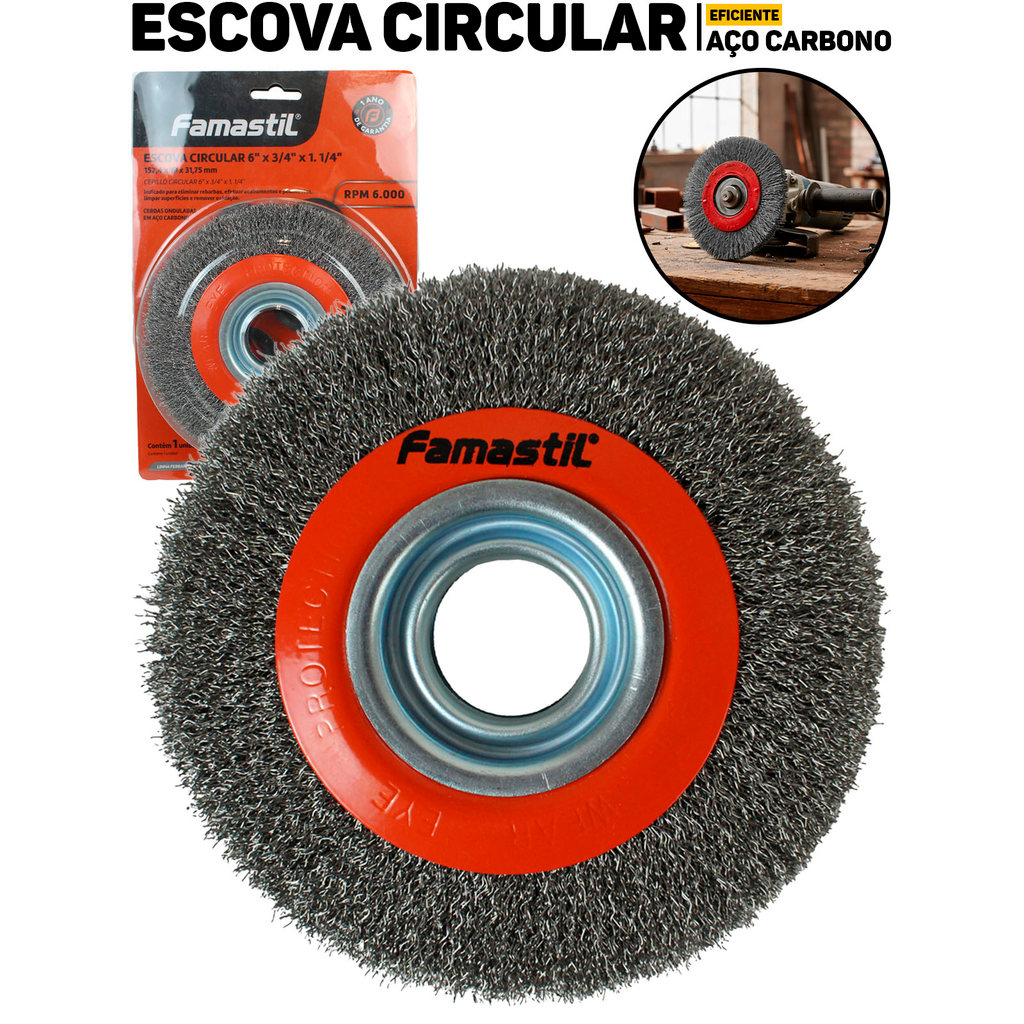 Escova Circular de Aço 6” Famastil Furo 1.1/4 P/ Esmerilhadeira Limpeza De Metal