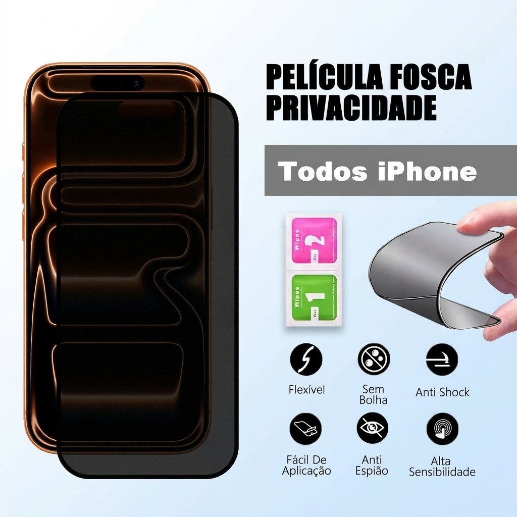 Película Cerâmica Privacidade Fosca para iPhone 17 16 15 14 13 12 11 Pro Max Mini X XR XS