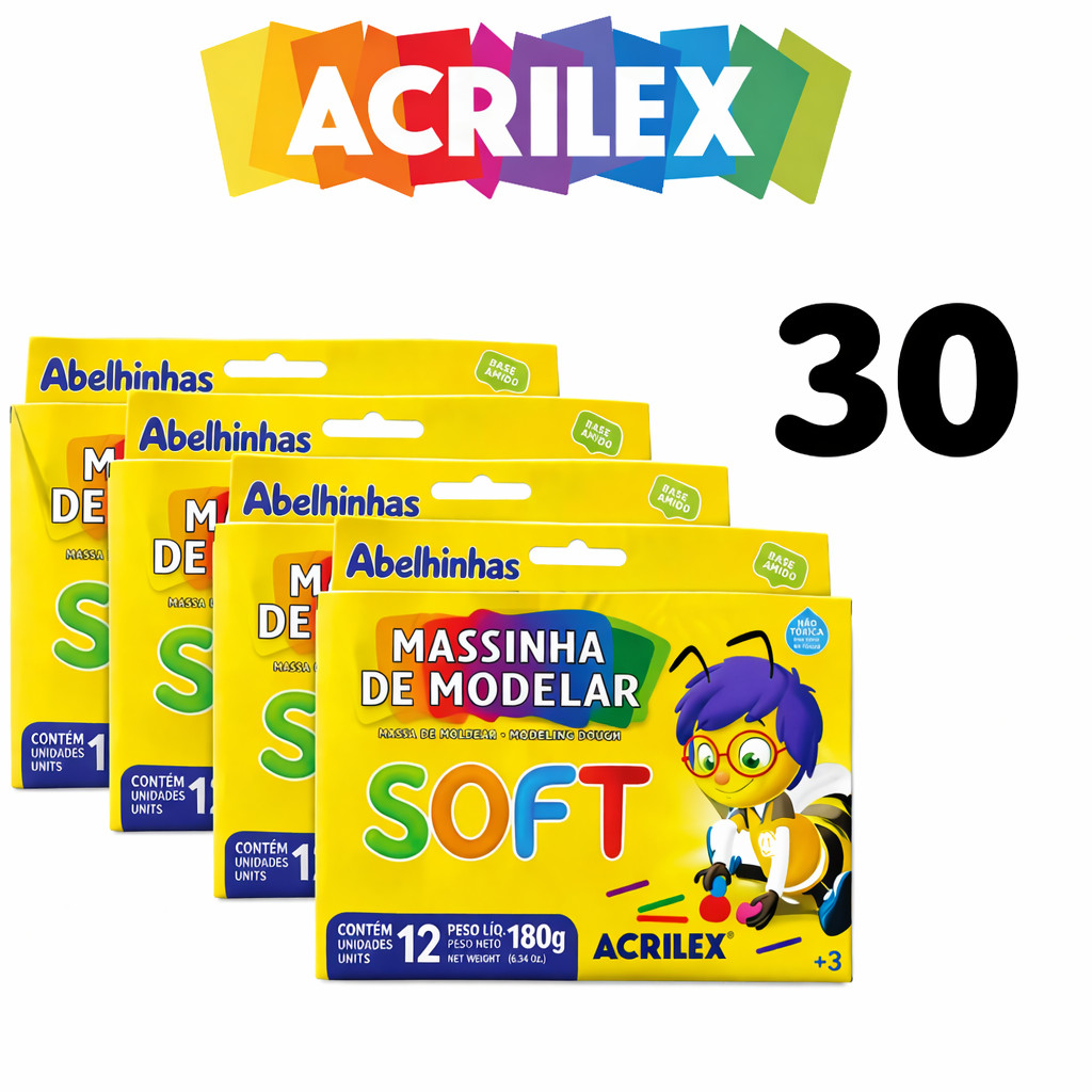 Kit 30 Massinha De Modelar Acrilex Soft 12 Cores 180g