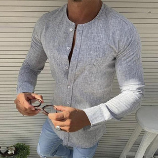 Novo 2020 Camisa Masculina Cor Pura Algodão E Linho Único