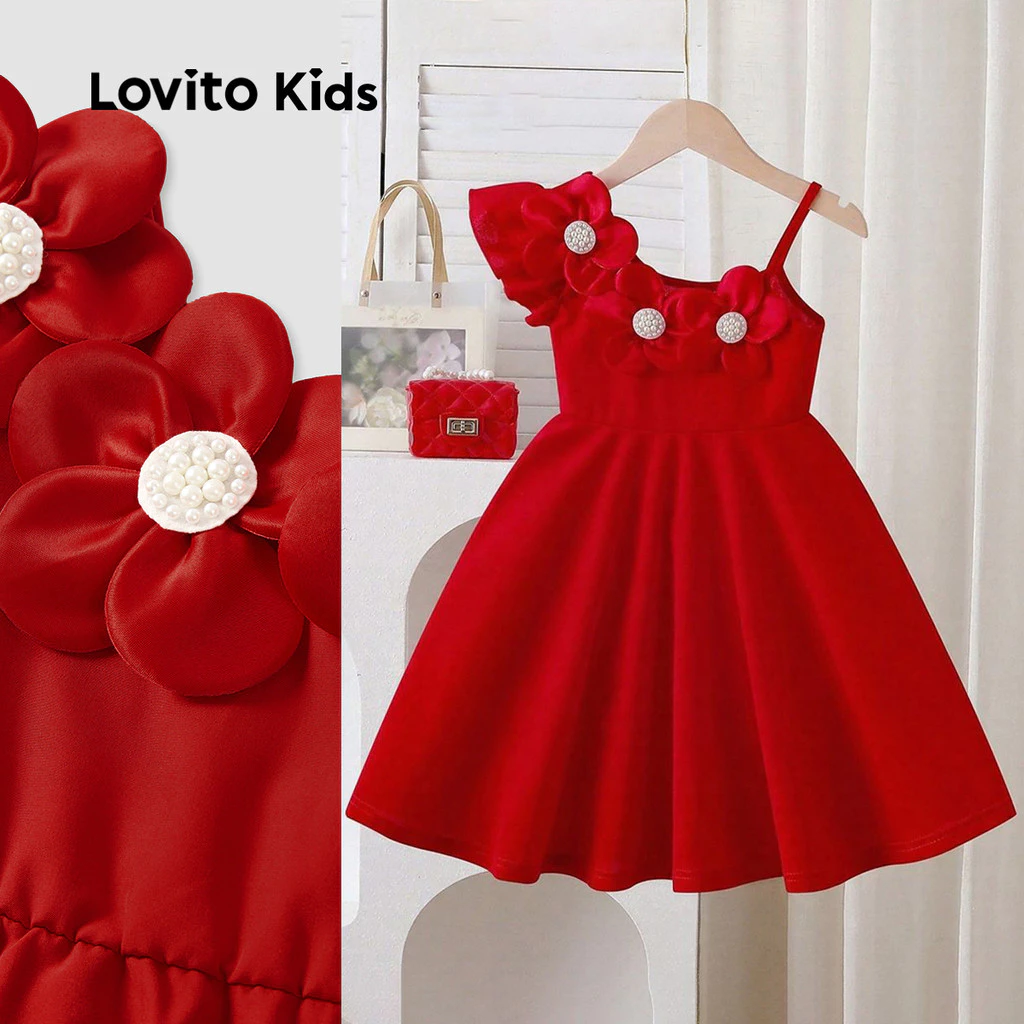 Lovito Elegante Vestido Infantil Fofo Assimétrico Primavera/verão Formaturas E Aniversários Vermelho Floral L162LD278 — imagem 1
