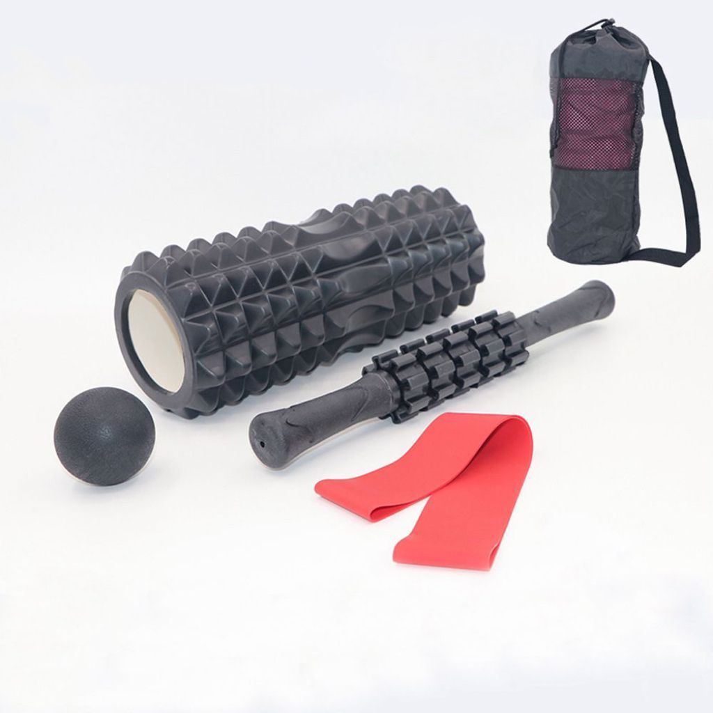Kit Completo 4x1  Rolo de Massagem Bastão Miosfascial Bola Lacrosse Faixa Elástica Band Bolsa
