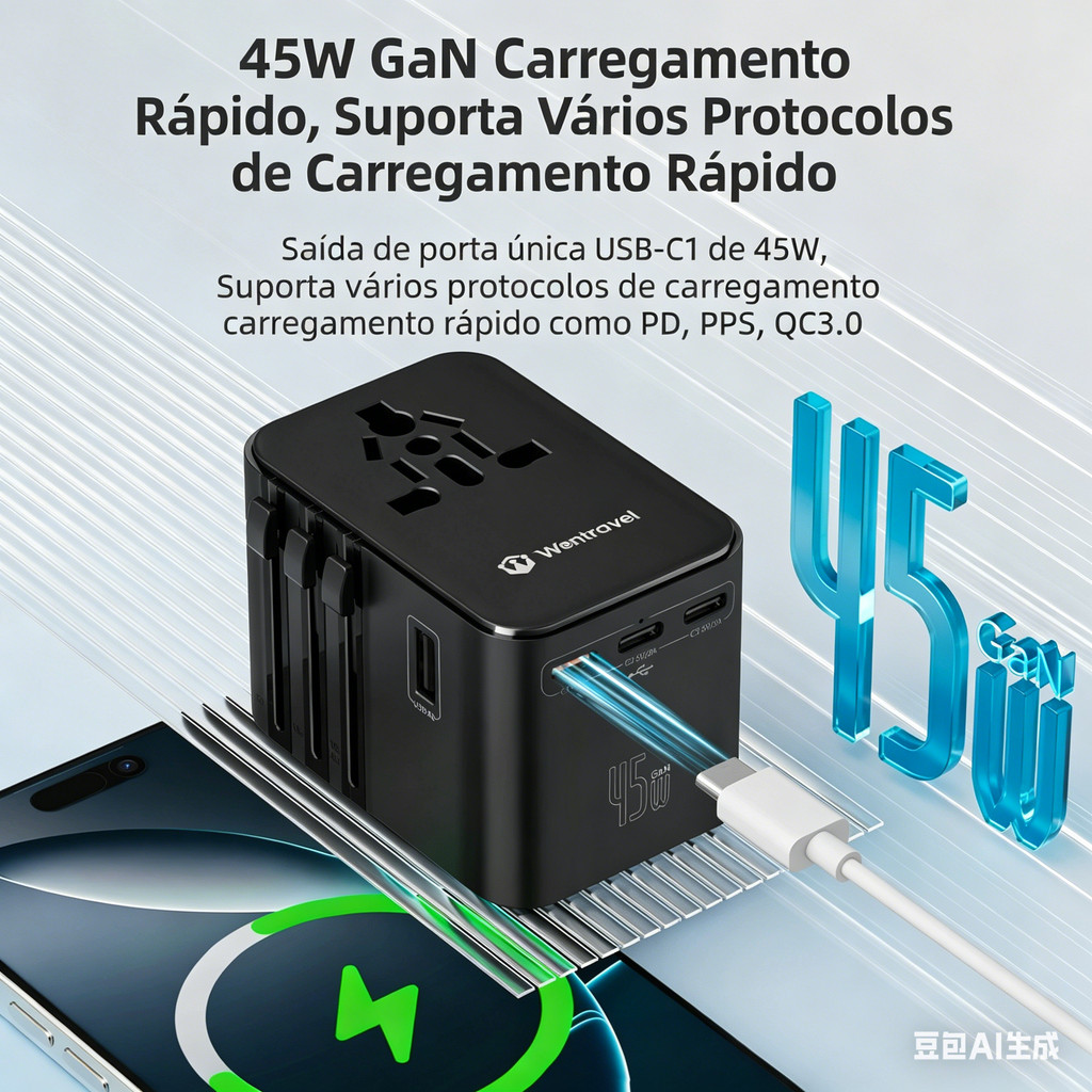 Tomada de conversão de viagem Universal 45W nitreto de gálio carga rápida Multi-porta USB-C plugue de conversão de carre