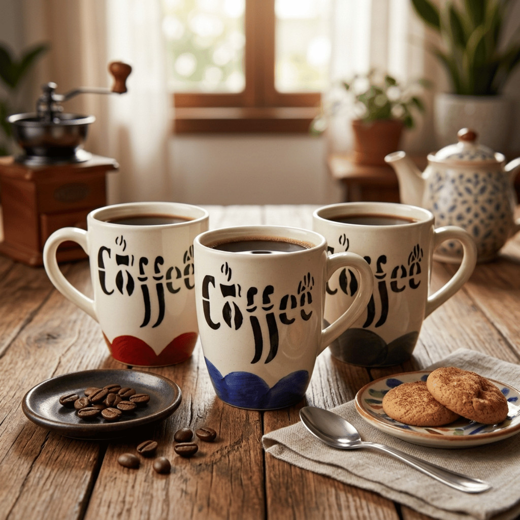 Jogo 3 Canecas de Cerâmica 300ml Xícara Coffee Vermelho, Azul e Cinza / Café, Chá / Kit Conjunto