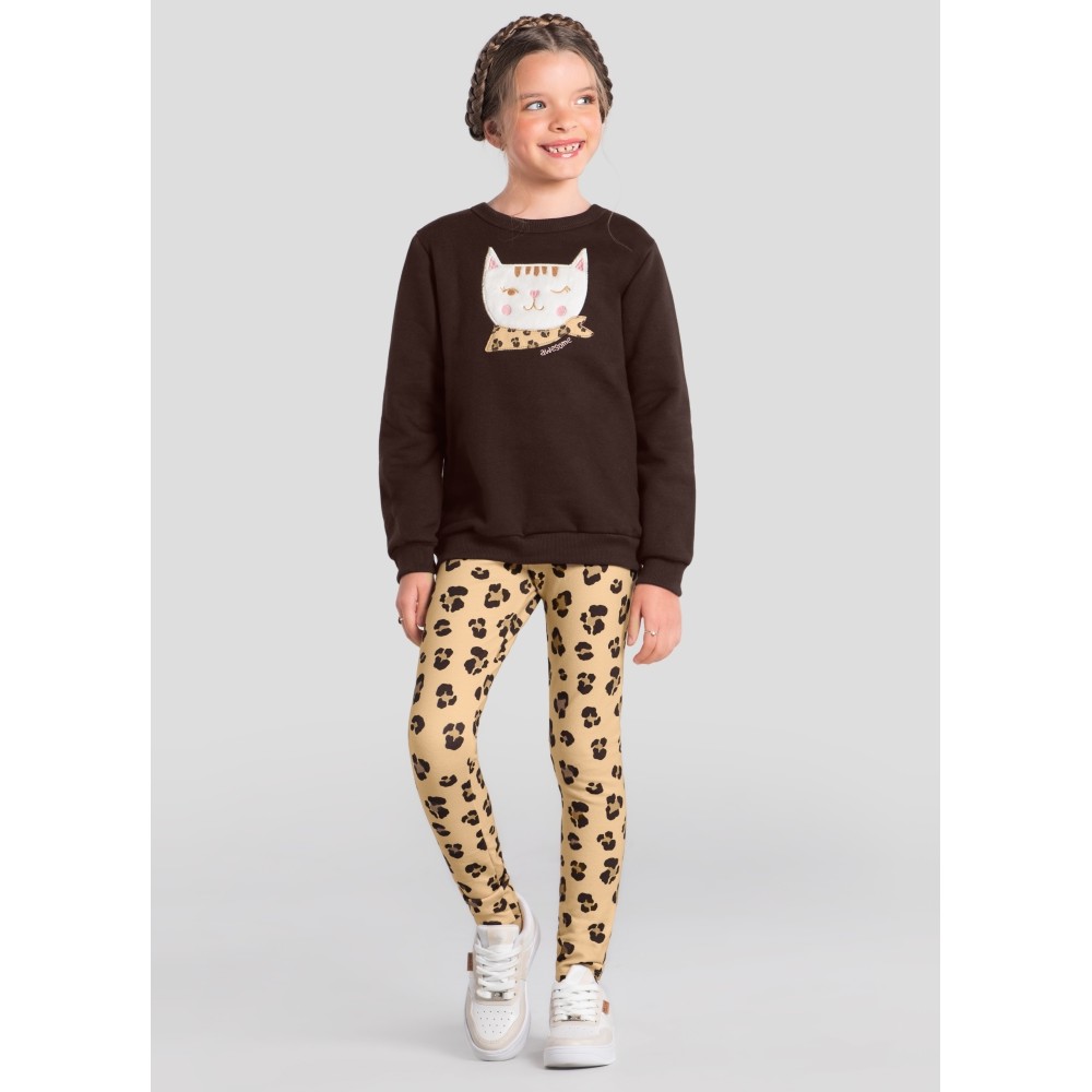 Conjunto Infantil Menina Brandili Inverno com Calça Legging e Moletom Flanelado Marrom Gatinha