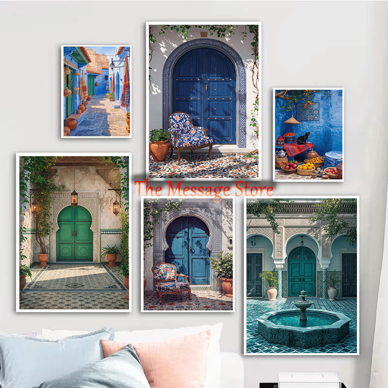 Marroquino Riad Pátio Marrakech Arquitetura Pôster Tradicional Pintura Em Tela Decoração De Imagem De Parede