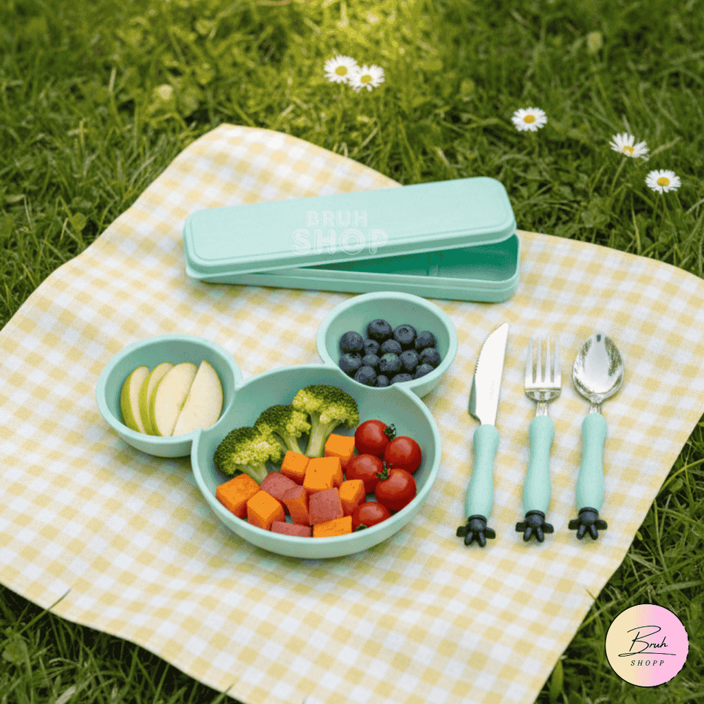 Conjunto de Alimentação Infantil Prato Mickey com Talheres c/ Estojo livre BPA  c/ divisórias Bebê