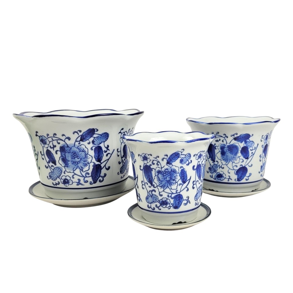 Vaso Decorativo Cachepot Azul E Branco Porcelana 3pç Guilin