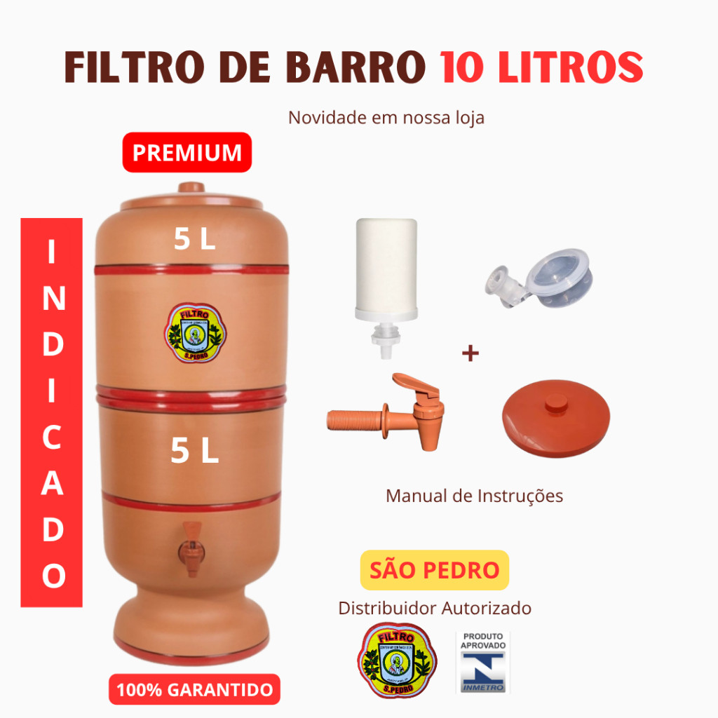 FILTRO DE BARRO ARTESANAL 10 LITROS TOTAIS (5L+5L) COMPLETO COM VELA E BOIA em Oferta na Shopee