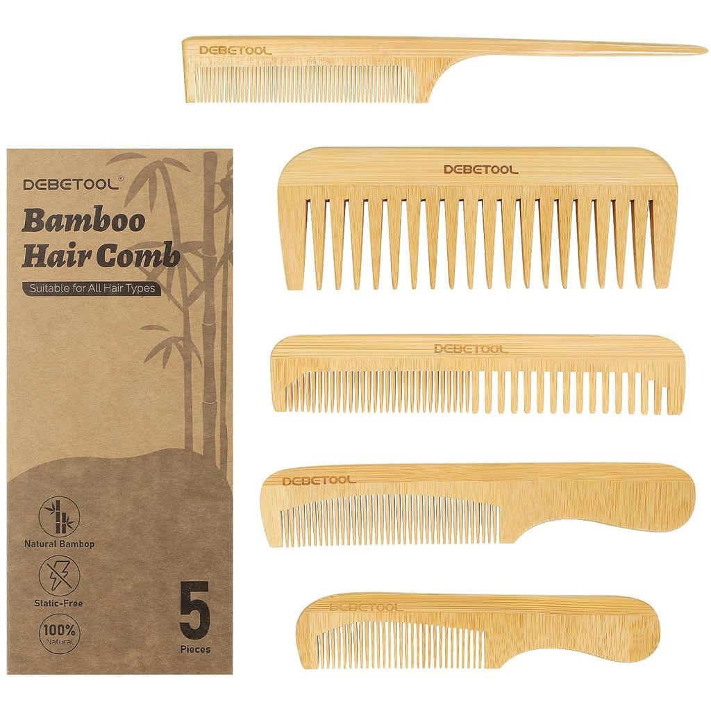 Conjunto de 5 Pentes de Bambu - Pentes de Madeira Natural para Crescimento Capilar Feminino, Pente de Madeira Antiestáti