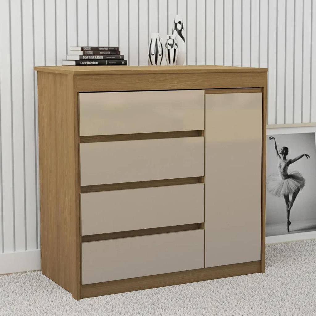 Cômoda Quarto 93cm 4 Gavetas 1 Porta Samira Freijó/Mocca L01 - Mpozenato