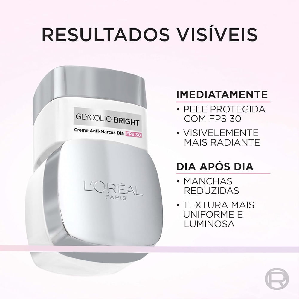 Detalhes do Gel Creme Facial Anti Marcas L'Oréal Paris Glycolic Bright Dia FPS30 49g