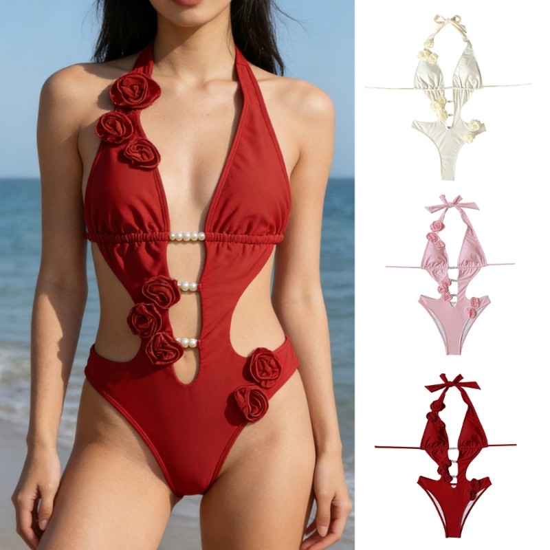 Maiô Feminino Estone Pérolas Florais, Nuas, Decote V, Monokini