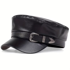 Chapéu de Marinheiro de Couro Com Fivela Boné Capitão Vintage Unissex Moda Para Primavera e Outono