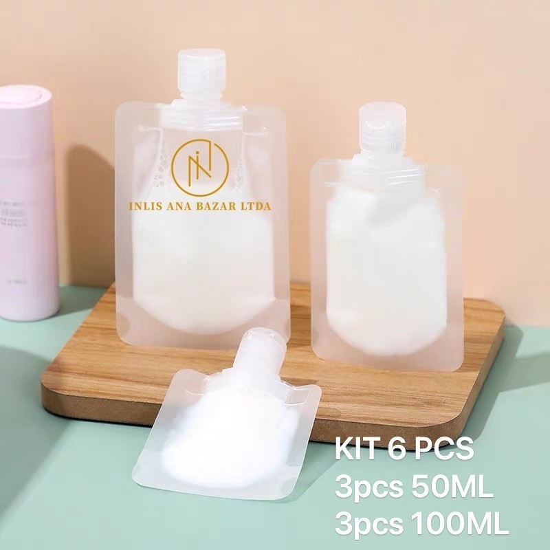 KIT 6 PCS saco frasco multiuso plástico 100 ml/50ML para amostras de embalagem de loção dobrável para viagem