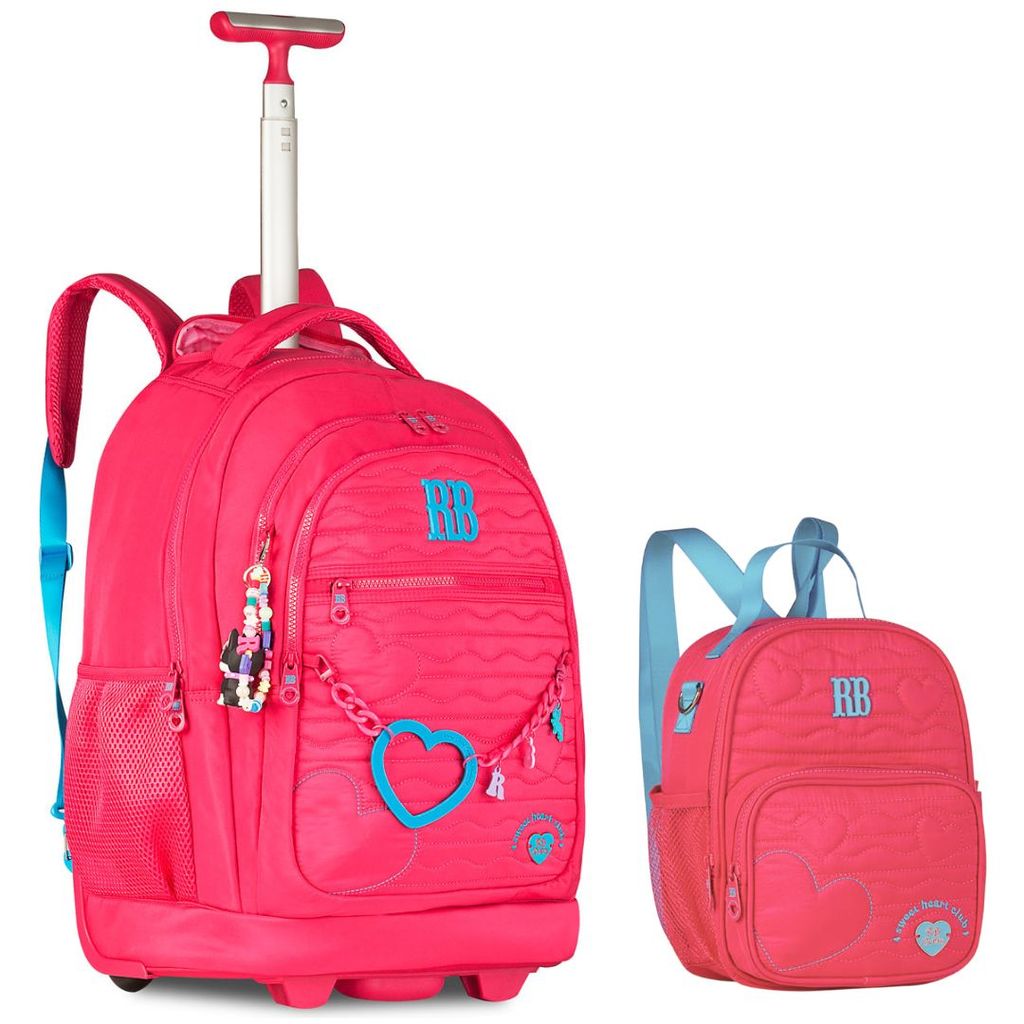 Kit Mochila de Carrinho e Lancheira Térmica Rosa Rebecca Bonbon Juvenil Escolar Youtuber Volta as Aulas Lanche Espaçosa