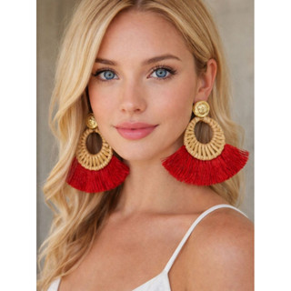 BRILHO ELISA - Brincos de borla trançada com palha e vime, perfeitos para o carnaval 6-4 em Oferta na Shopee