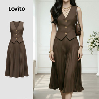 Lovito Tops ou calças elegantes plissadas primavera/verão saia marrom tops ou calças para mulheres LK3ED1503 em Oferta na Shopee