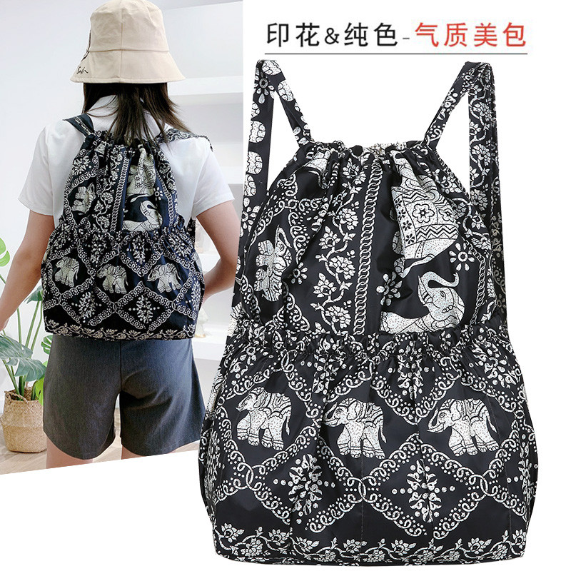 Verão novo estilo Oxford pano mochila cordão bolso feminino leve impresso náilon viagem grande capacidade