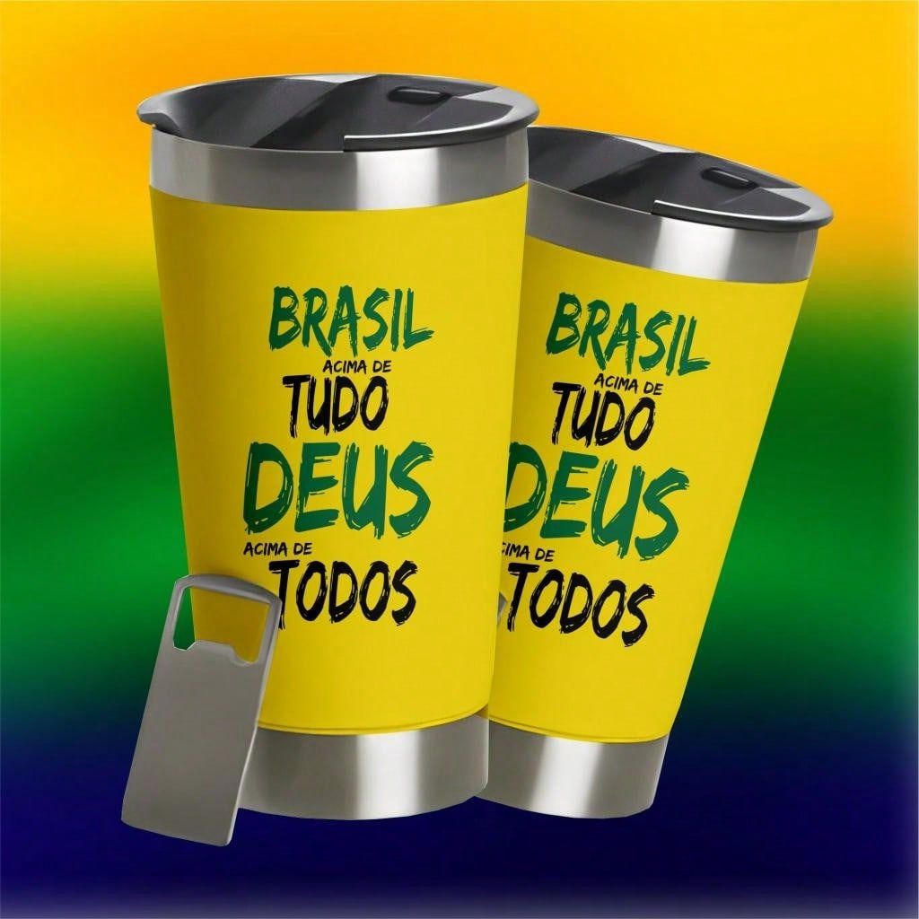 Copo Térmico Inox  Patriota Brasil 473ml Com Abridor Amarelo Estampa Deus Acima De Todos