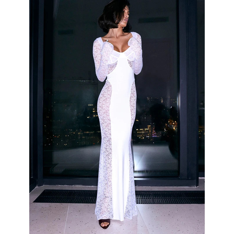 Vestido Maxi Bodycon Transparente Sexy Sibybo para Mulheres, Moda Feminina com Detalhes em Renda, Decote em V, Manga Lon