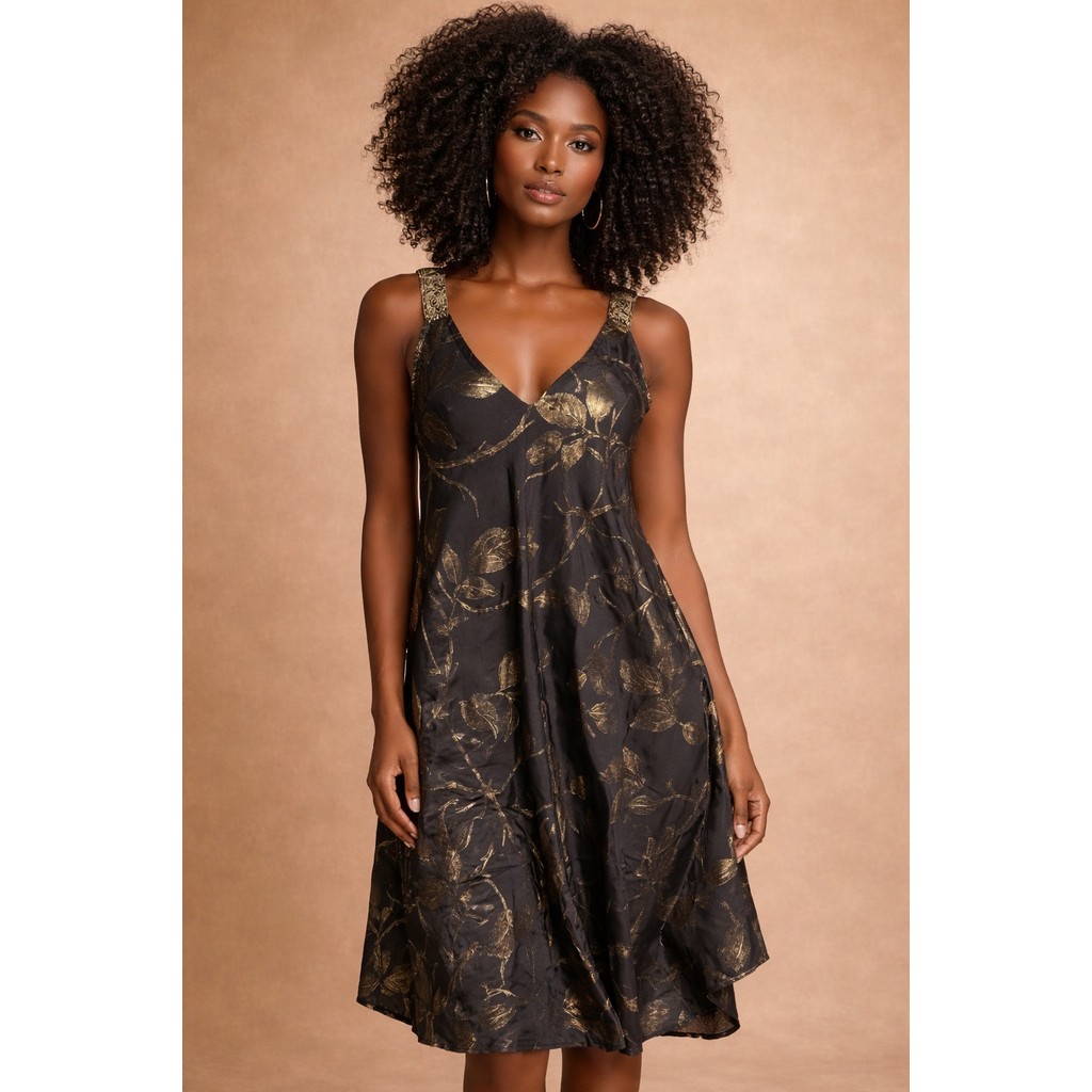 Vestido Trapezio seda curto,mid, foil estampado feminino elegante