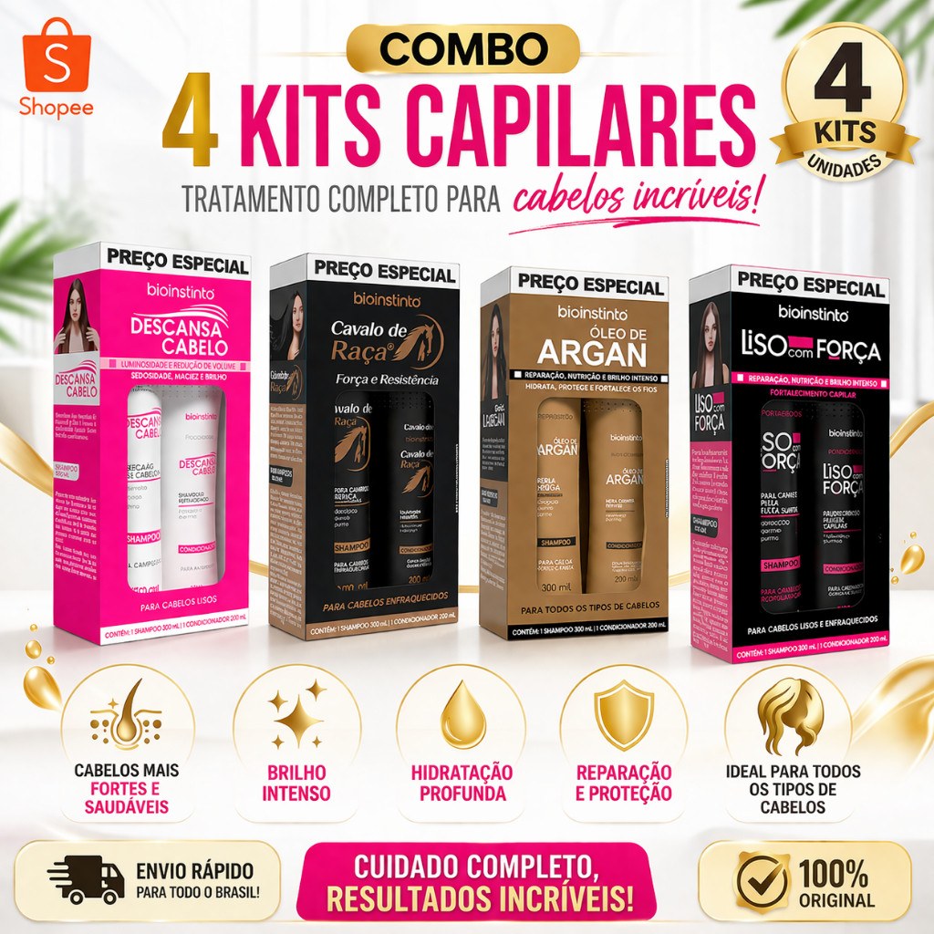 Kit 4 shampoo e condicionador para todos os tipos de cabelos na promoção oferta relampago hoje