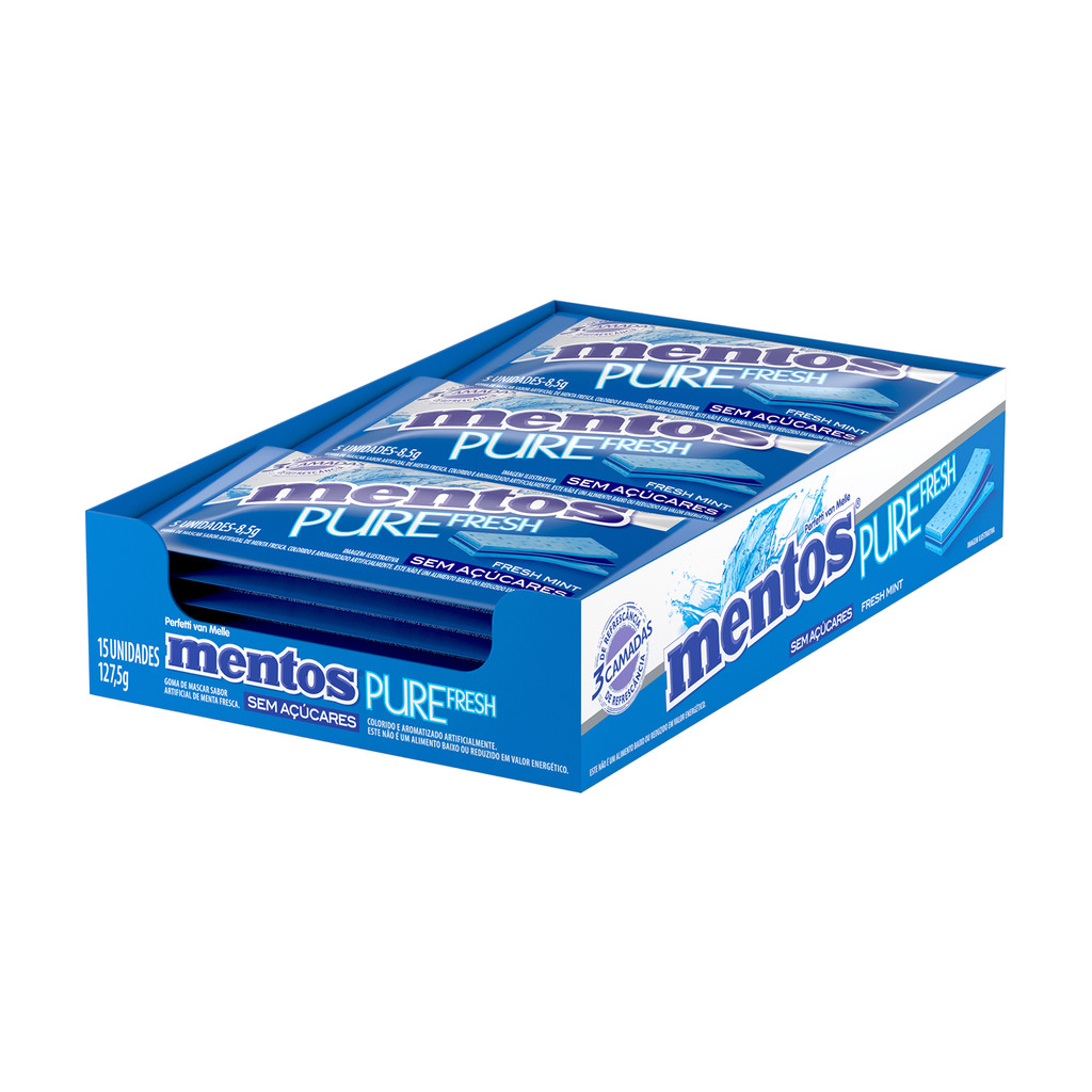 Gomas de Mascar, Sem Açúcar, Sabor de Menta, Display, Mentos, 3 Camadas Pure Fresh Mint - 127,5 g | 15 Unidades