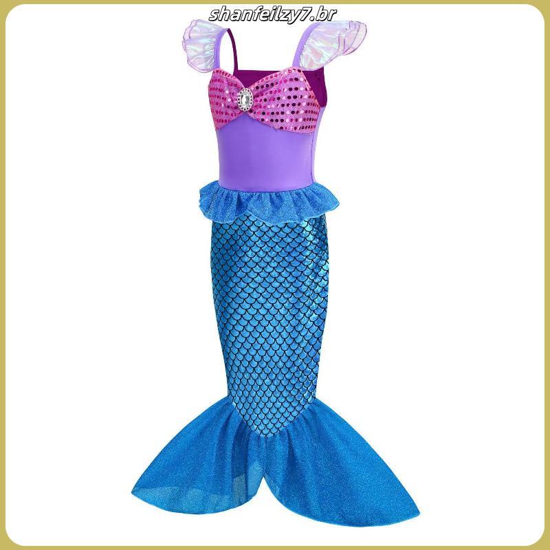 Fantasia Infantil Sereia Vestido Calda Ariel Roxo E Verde