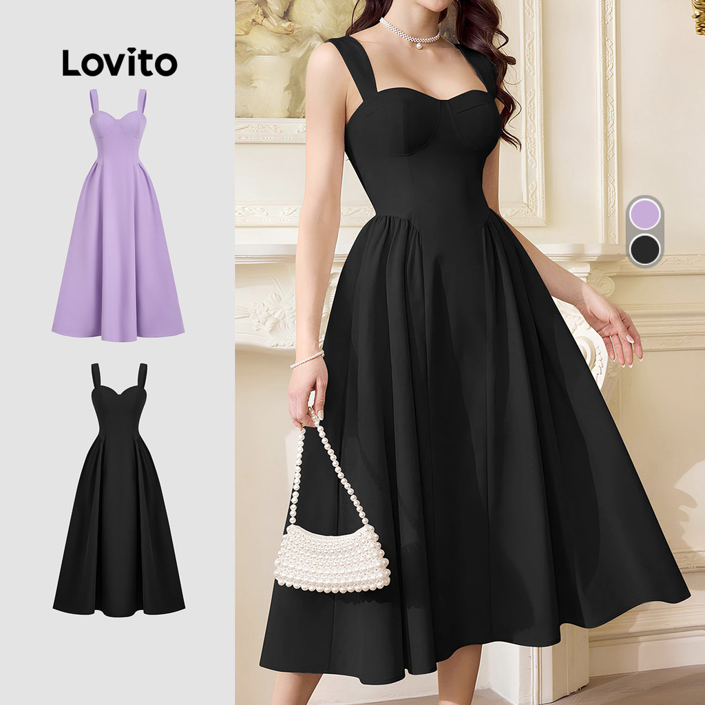 (Lovito x Ana) Elegante Coração Gola Sling Grande Balanço Vestido Primavera Verã