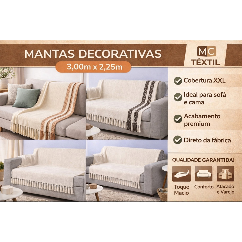 Manta Decorativa Tropical Sofá 3,00×2,25m Grande Premium Conforto e Elegância Para Sua Casa